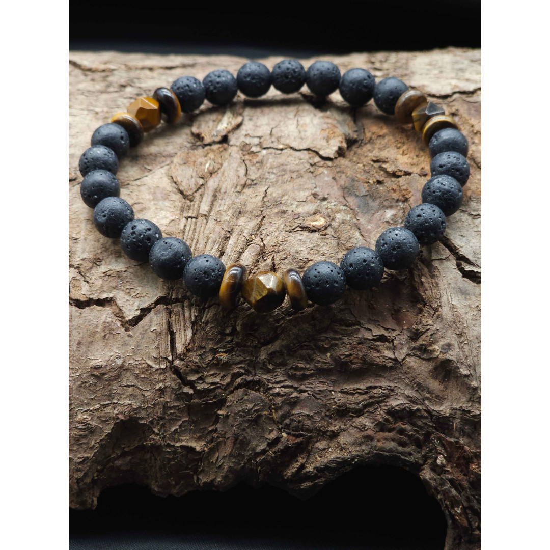 Men’s Lava Beads & Tiger’s Eye Bracelet – Stretch Adjustable Fit