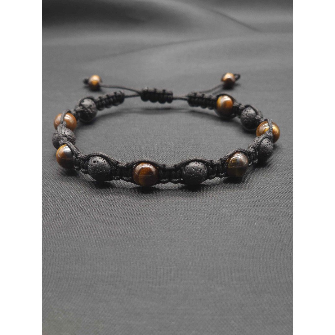 Adjustable Men’s Knitted Bracelet – Lava Beads & Tiger’s Eye