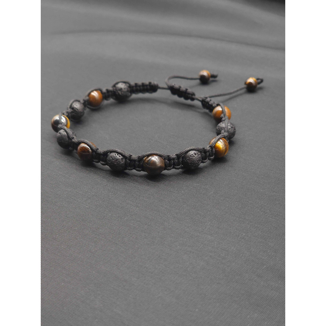 Adjustable Men’s Knitted Bracelet – Lava Beads & Tiger’s Eye
