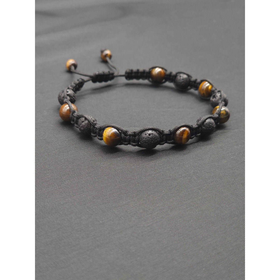 Adjustable Men’s Knitted Bracelet – Lava Beads & Tiger’s Eye