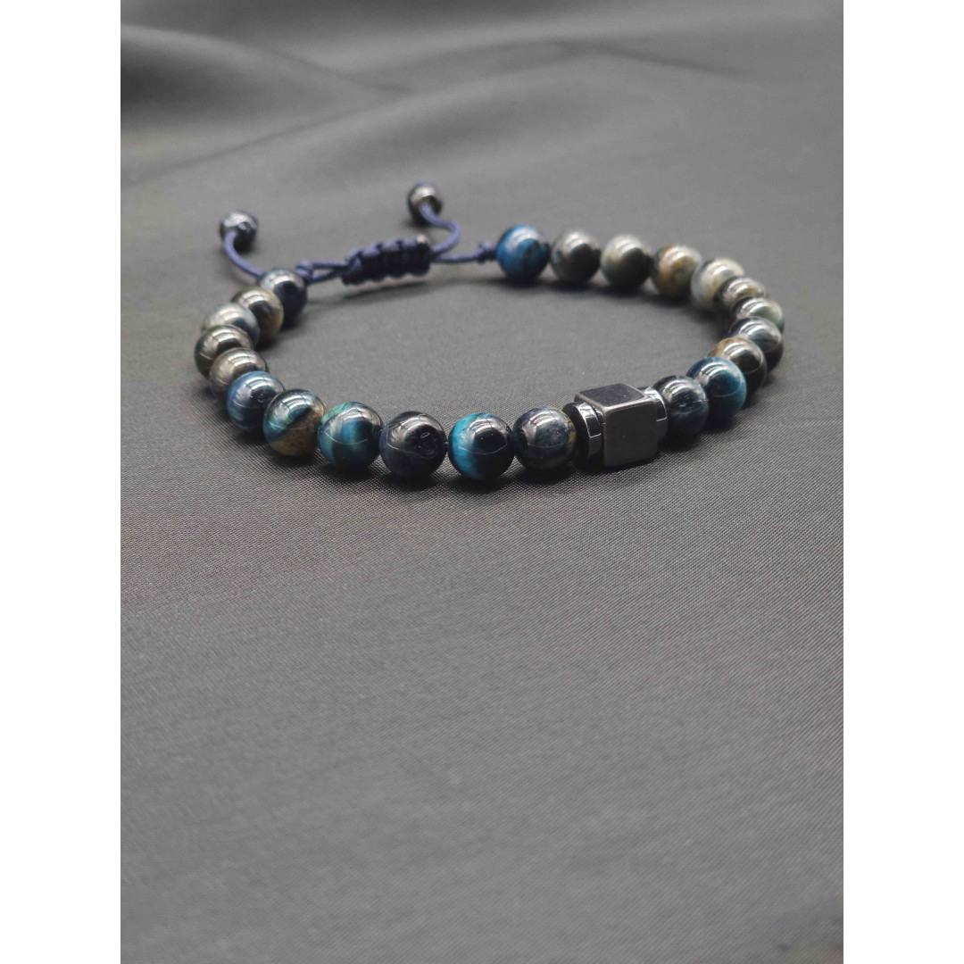 Men’s Blue Tiger’s Eye Bracelet with Hematite Center – Braided Finish, Adjustable Fit