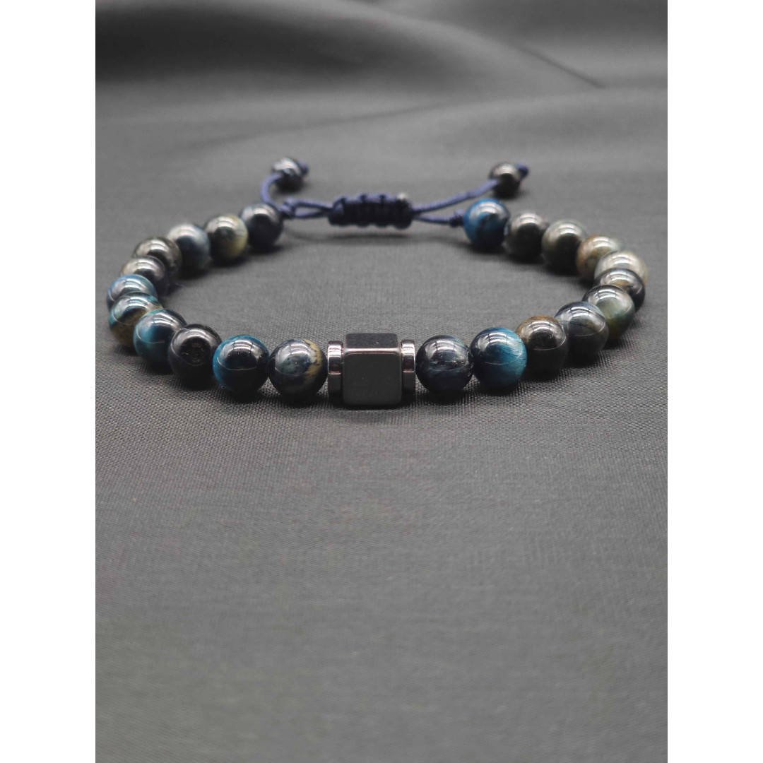 Men’s Blue Tiger’s Eye Bracelet with Hematite Center – Braided Finish, Adjustable Fit