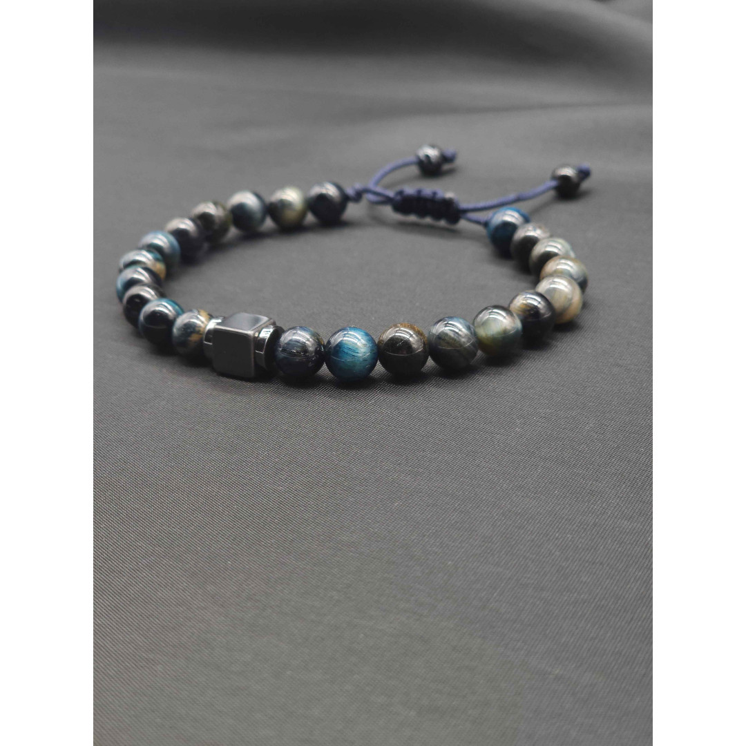Men’s Blue Tiger’s Eye Bracelet with Hematite Center – Braided Finish, Adjustable Fit