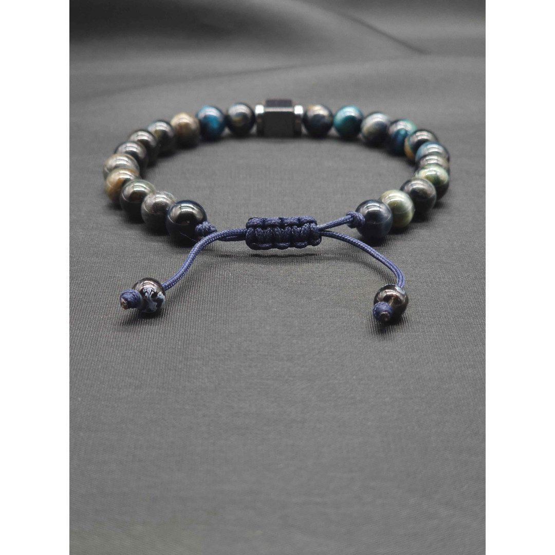 Men’s Blue Tiger’s Eye Bracelet with Hematite Center – Braided Finish, Adjustable Fit