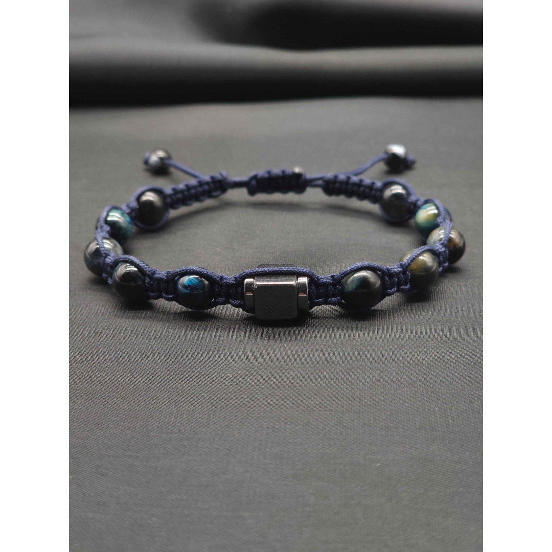 Men’s Knitted Blue Tiger’s Eye Bracelet – Hematite Center, Adjustable Fit