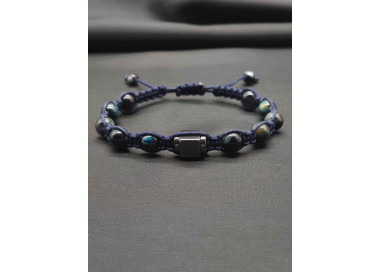 Men’s Knitted Blue Tiger’s Eye Bracelet – Hematite Center, Adjustable Fit