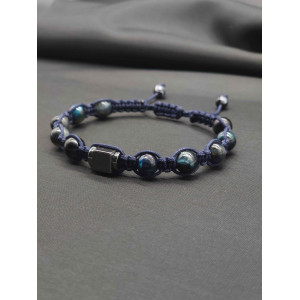 Men’s Knitted Blue Tiger’s Eye Bracelet – Hematite Center, Adjustable Fit