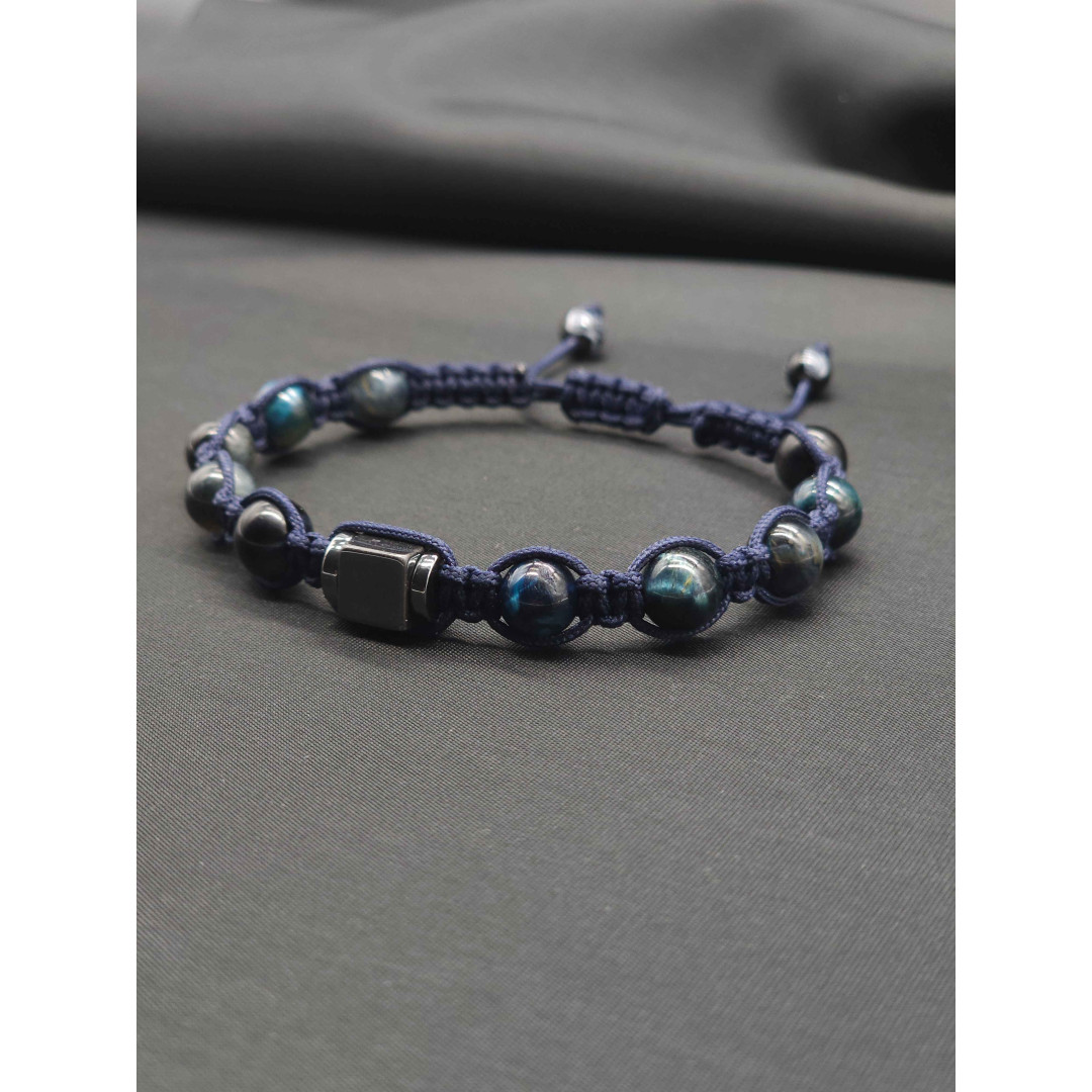 Men’s Knitted Blue Tiger’s Eye Bracelet – Hematite Center, Adjustable Fit