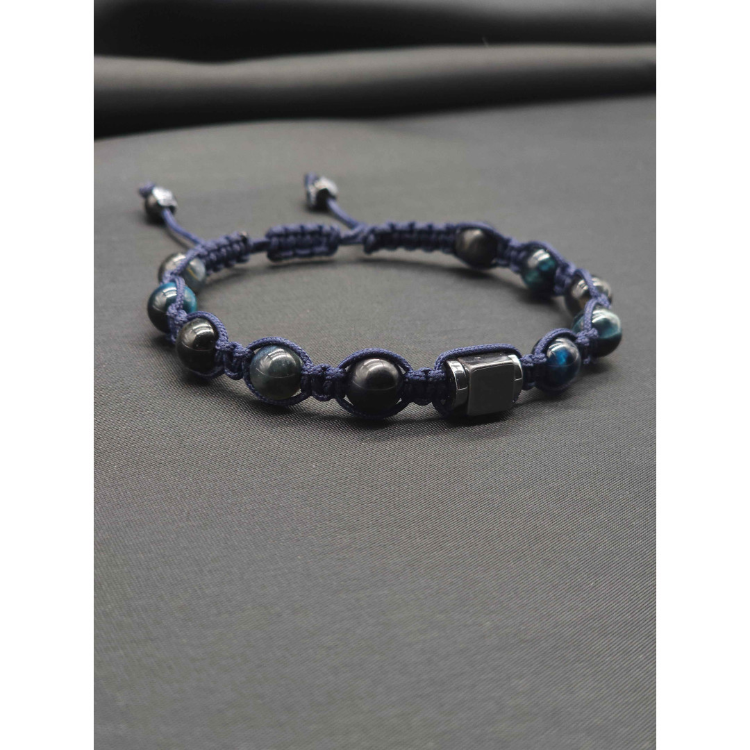 Men’s Knitted Blue Tiger’s Eye Bracelet – Hematite Center, Adjustable Fit