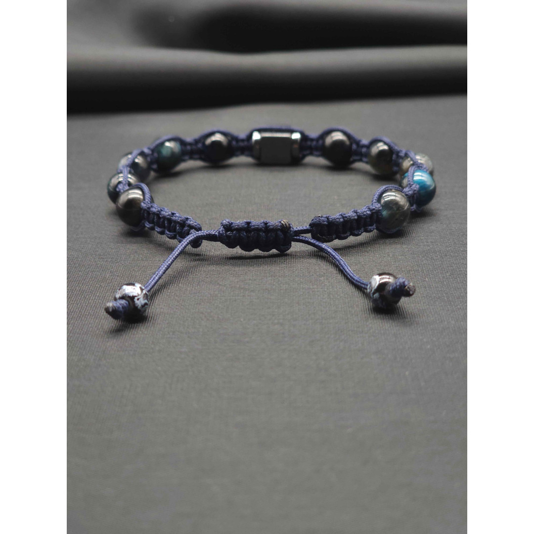 Men’s Knitted Blue Tiger’s Eye Bracelet – Hematite Center, Adjustable Fit