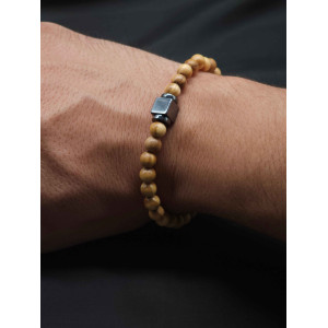 Men’s Bracelet – Olive Wood Beads with Hematite Center | Stretch Fit