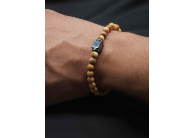 Men’s Bracelet – Olive Wood Beads with Hematite Center | Stretch Fit