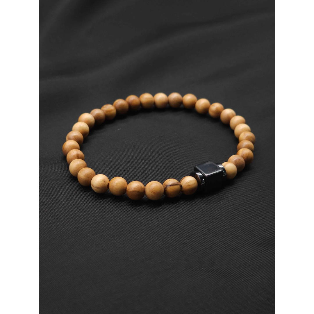 Men’s Bracelet – Olive Wood Beads with Hematite Center | Stretch Fit