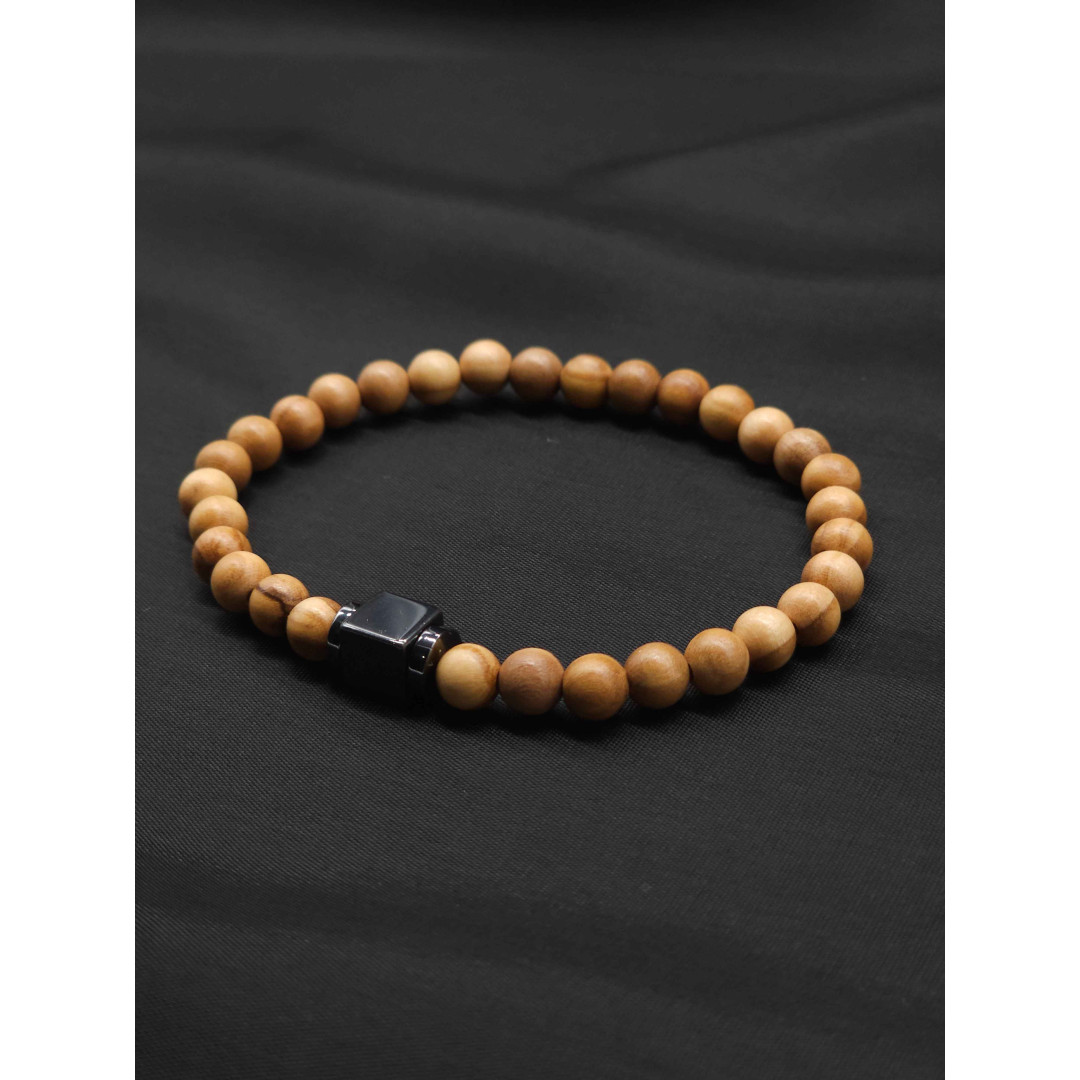 Men’s Bracelet – Olive Wood Beads with Hematite Center | Stretch Fit