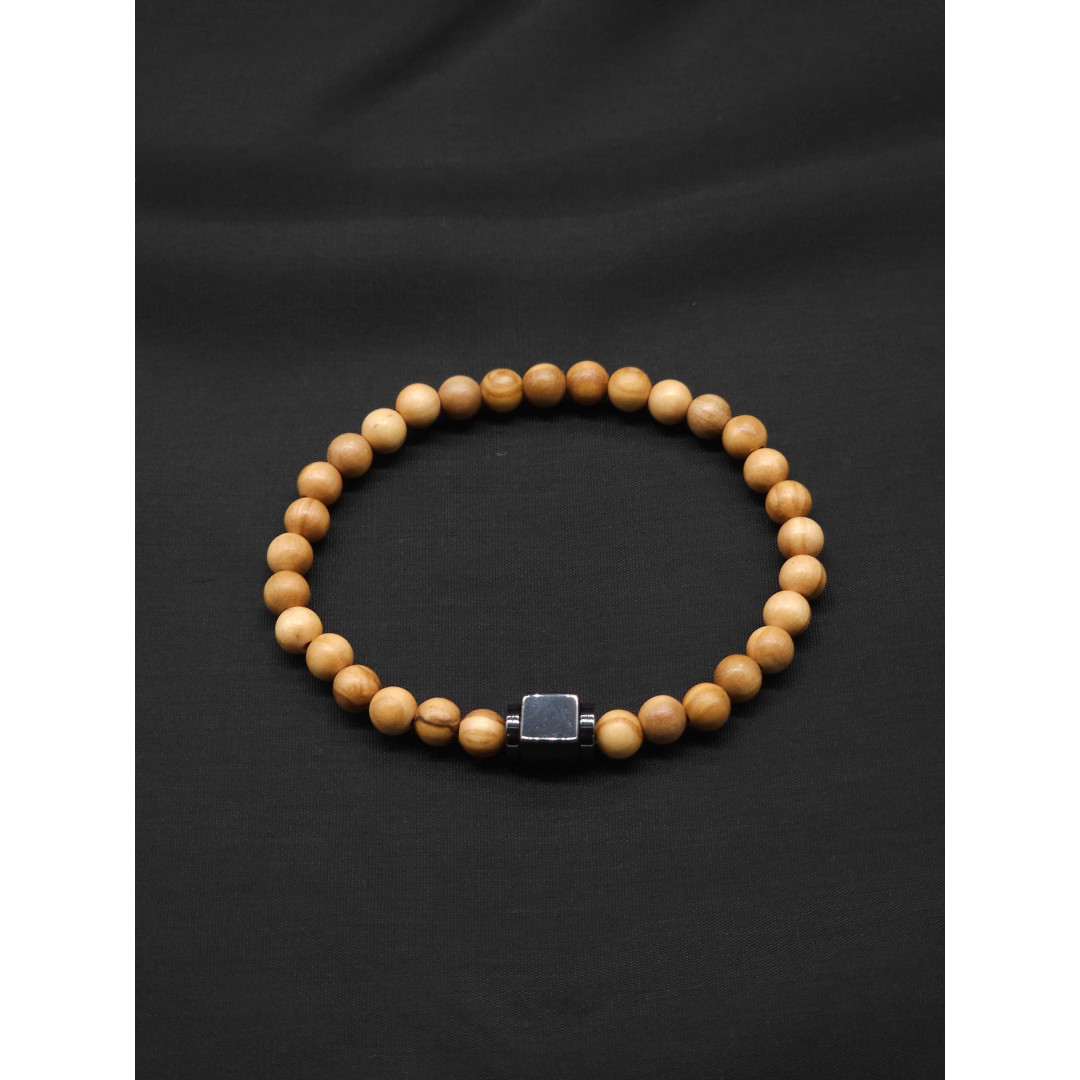 Men’s Bracelet – Olive Wood Beads with Hematite Center | Stretch Fit