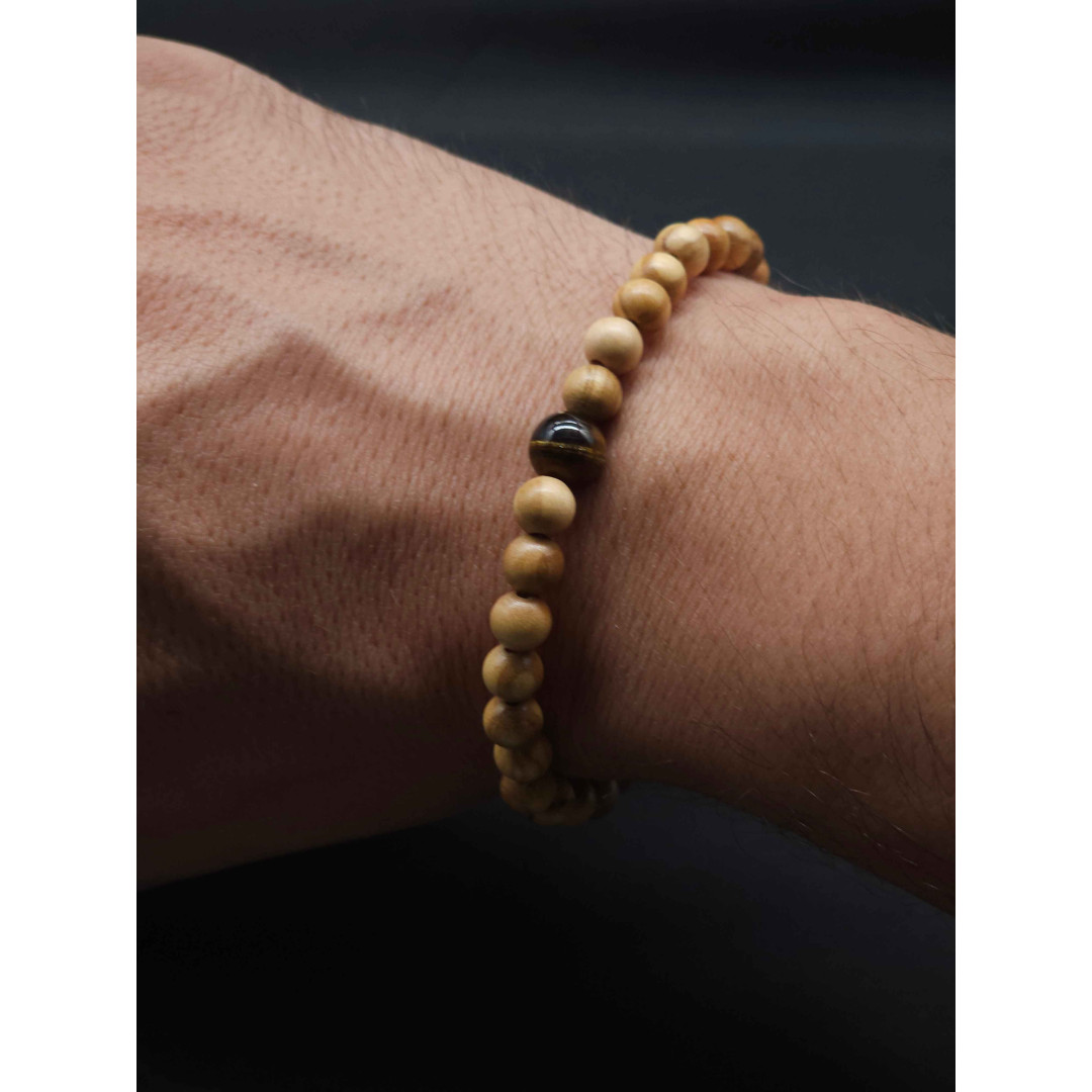 Men’s Olive Bead Bracelet with Tiger’s Eye Center | Stretch Fit