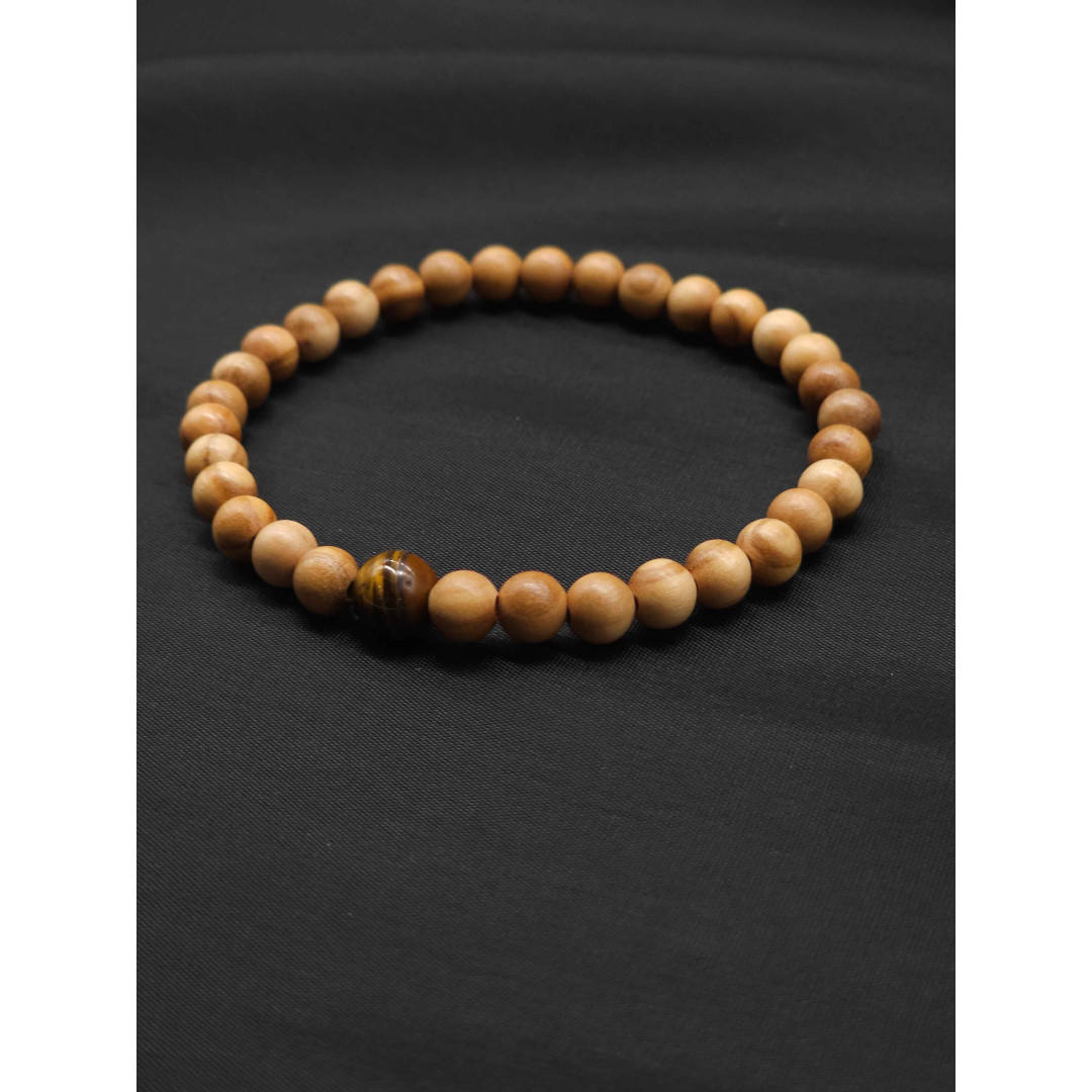 Men’s Olive Bead Bracelet with Tiger’s Eye Center | Stretch Fit