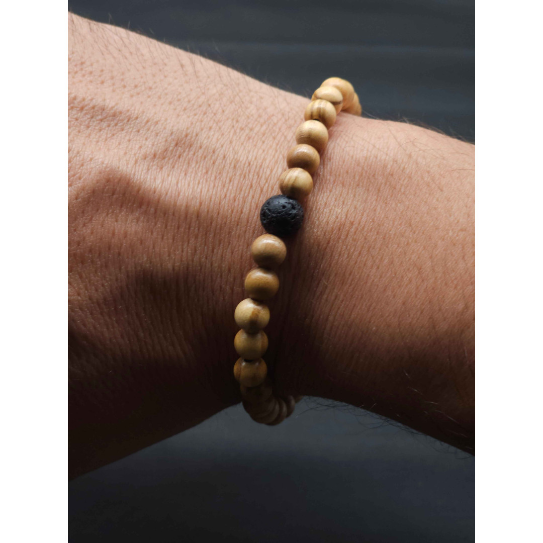Men’s Olive Beaded Bracelet with Lava Rock Accent – Stretch Fit