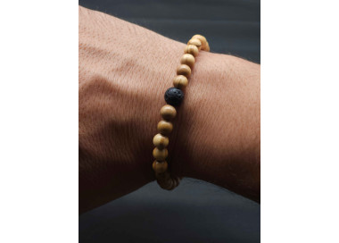 Men’s Olive Beaded Bracelet with Lava Rock Accent – Stretch Fit