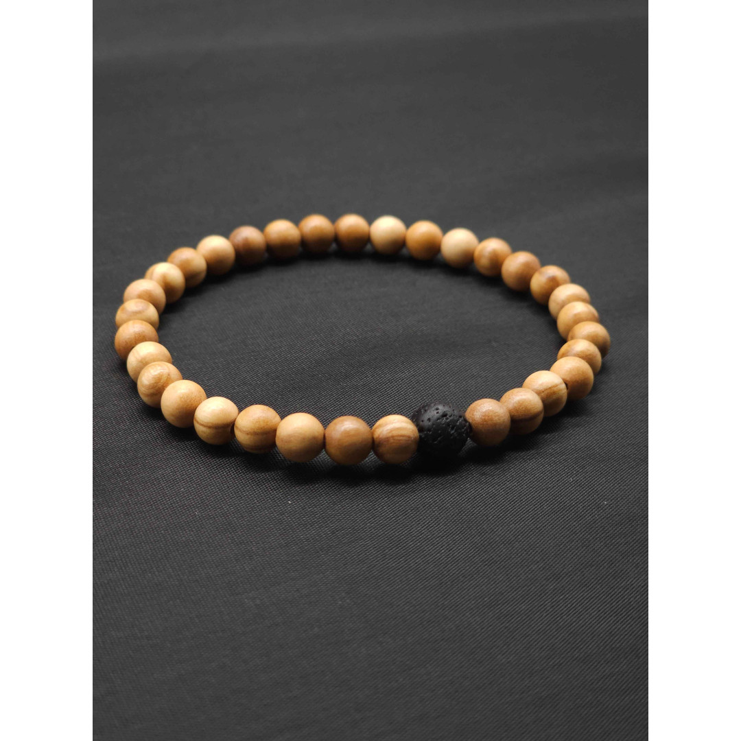 Men’s Olive Beaded Bracelet with Lava Rock Accent – Stretch Fit