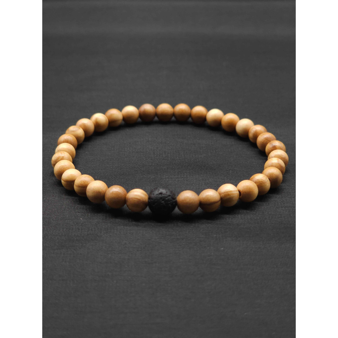 Men’s Olive Beaded Bracelet with Lava Rock Accent – Stretch Fit