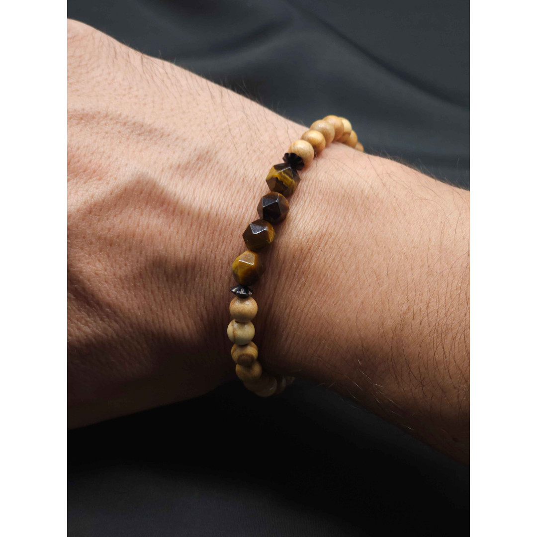 Men’s Olive Beaded Bracelet with Brown Tiger Eye Center | Stretch Fit