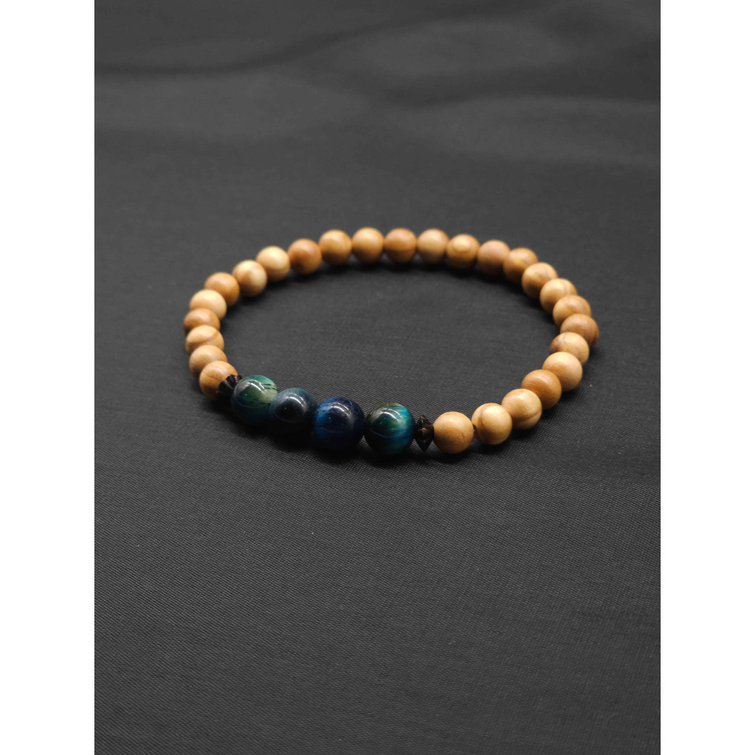 Handmade Men’s Olive Beaded Bracelet with Blue Tiger Eye Stone | Stretch Fit