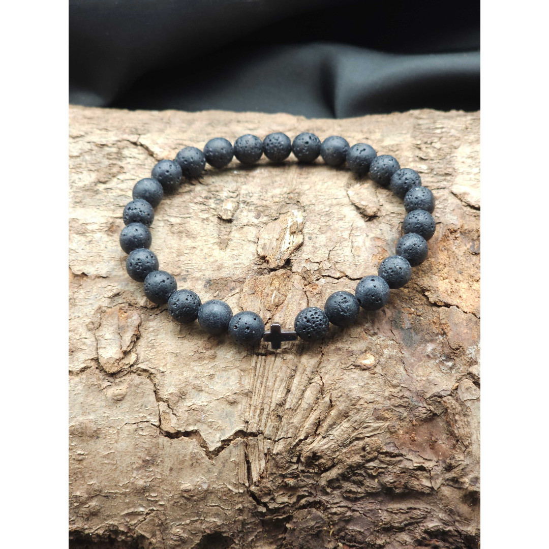Men’s Lava Bracelet with Hematite Cross – Unique & Stylish