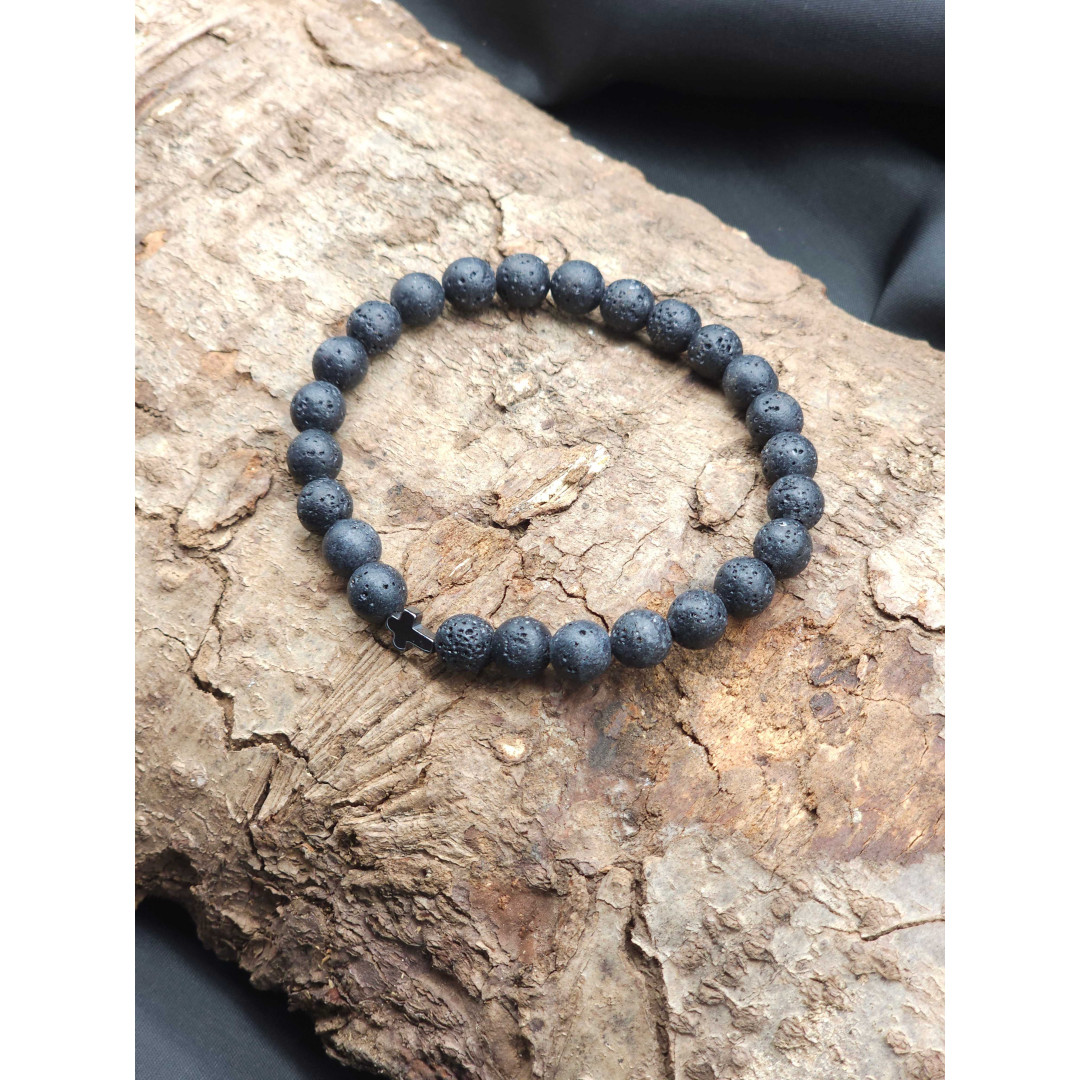 Men’s Lava Bracelet with Hematite Cross – Unique & Stylish