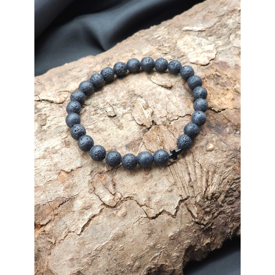 Men’s Lava Bracelet with Hematite Cross – Unique & Stylish
