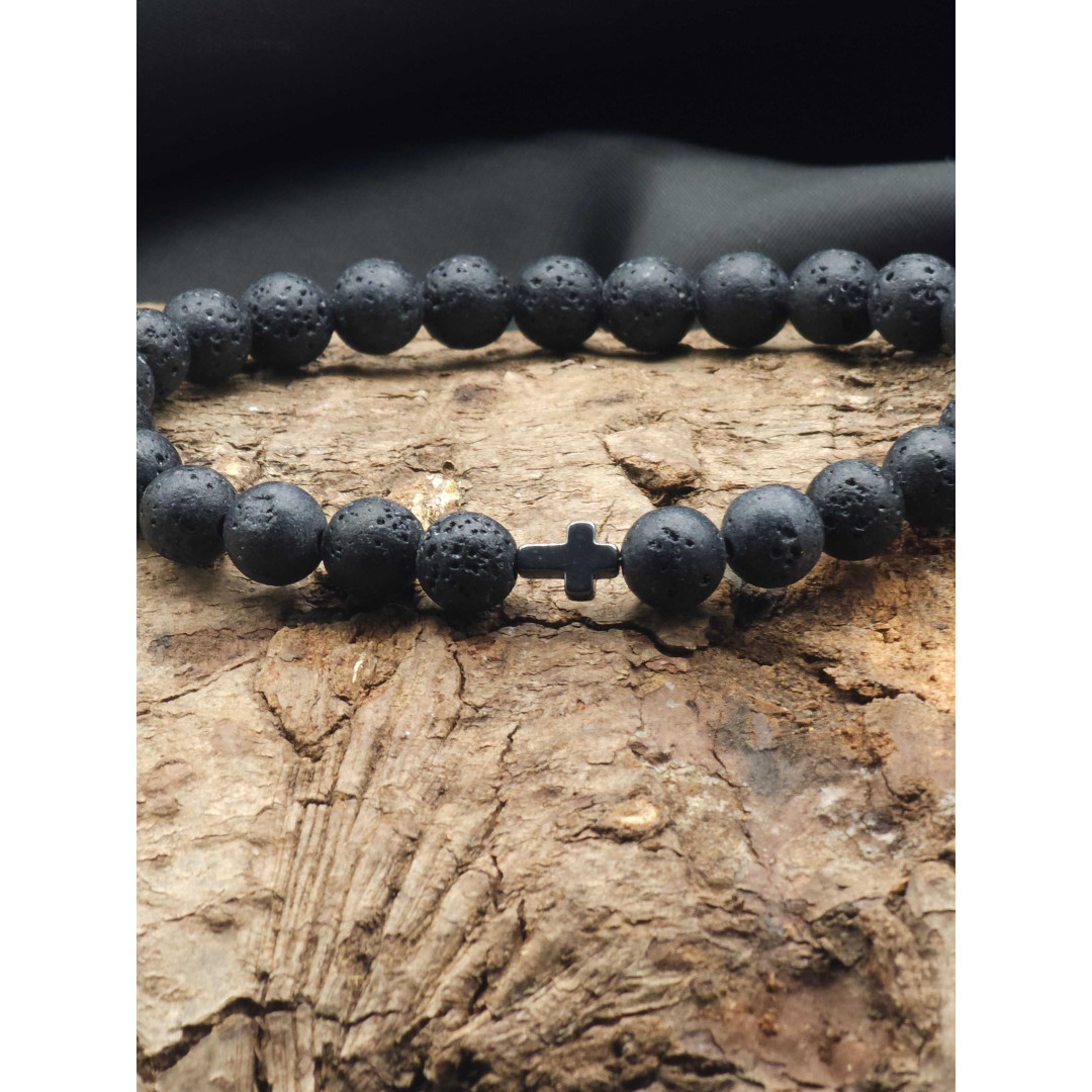 Men’s Lava Bracelet with Hematite Cross – Unique & Stylish