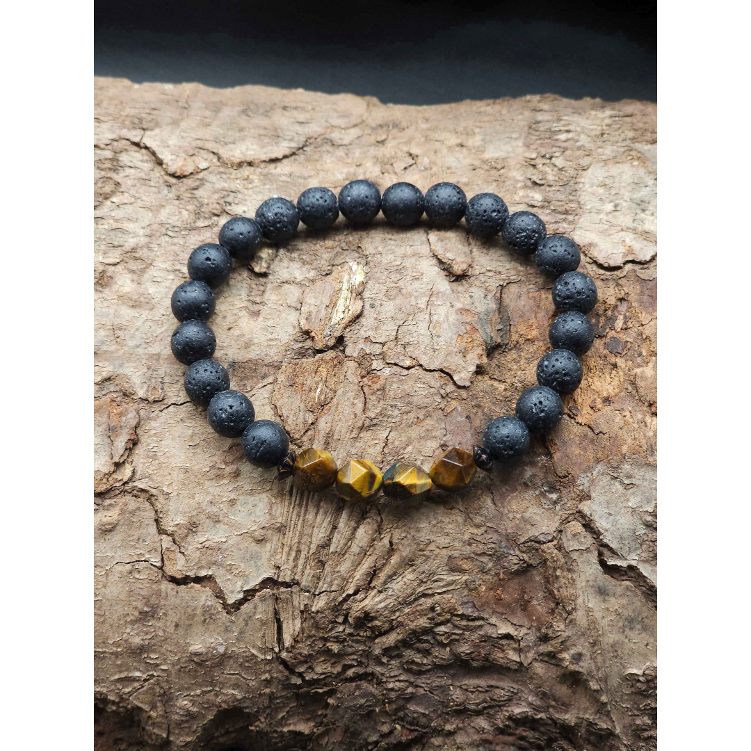 Men’s Lava & Tiger’s Eye Stretch Bracelet – Adjustable, Bold Design
