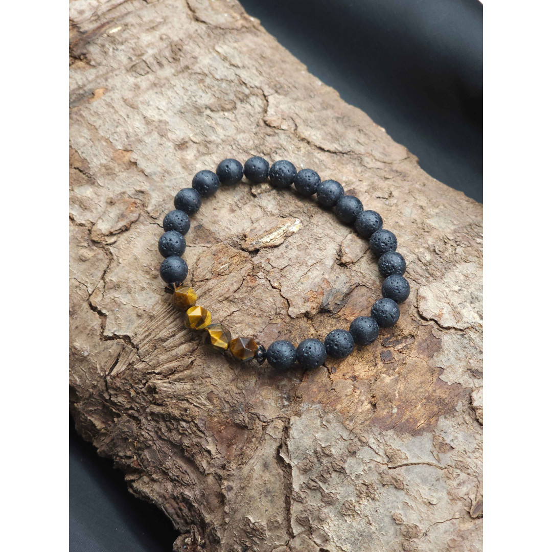Men’s Lava & Tiger’s Eye Stretch Bracelet – Adjustable, Bold Design