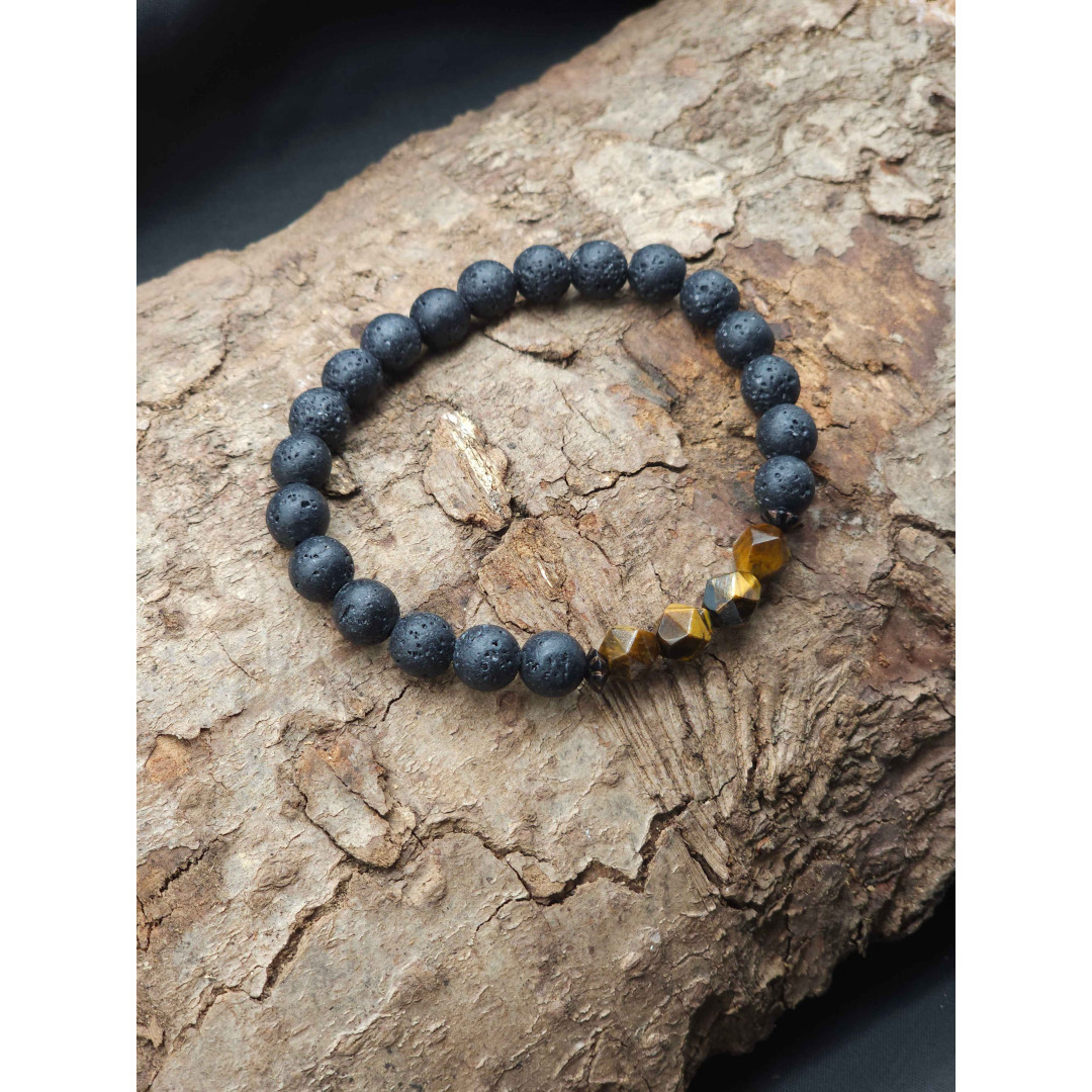 Men’s Lava & Tiger’s Eye Stretch Bracelet – Adjustable, Bold Design