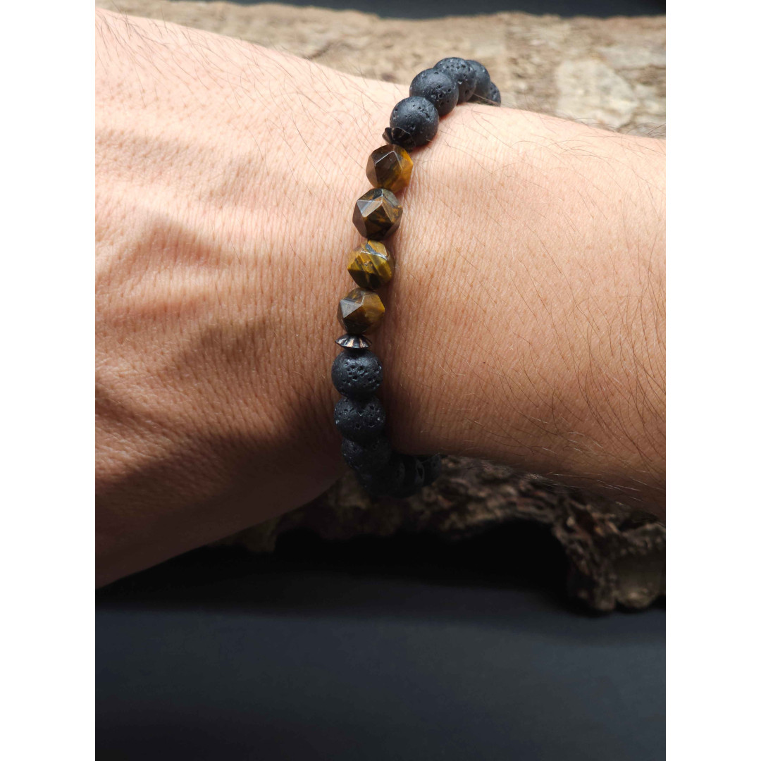 Men’s Lava & Tiger’s Eye Stretch Bracelet – Adjustable, Bold Design