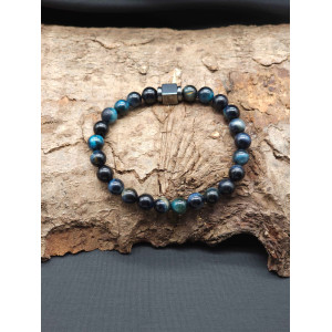 Blue Tiger’s Eye Bracelet for Men – Hematite Center, Stretch Adjustable