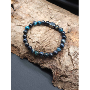 Blue Tiger’s Eye Bracelet for Men – Hematite Center, Stretch Adjustable