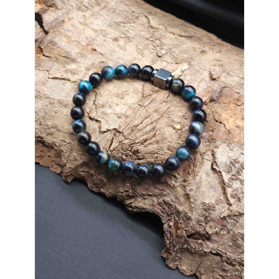 Blue Tiger’s Eye Bracelet for Men – Hematite Center, Stretch Adjustable