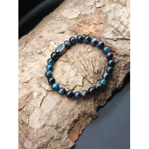 Blue Tiger’s Eye Bracelet for Men – Hematite Center, Stretch Adjustable