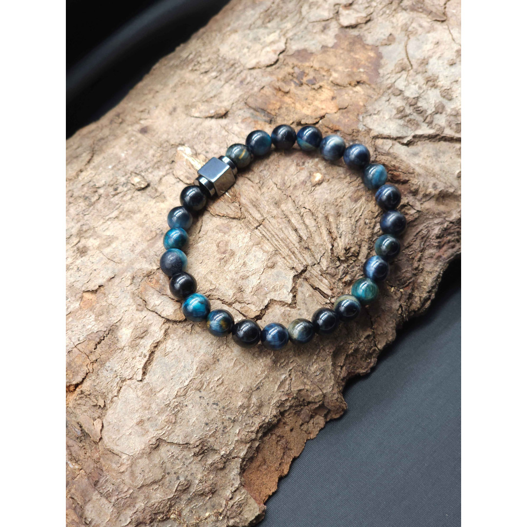 Blue Tiger’s Eye Bracelet for Men – Hematite Center, Stretch Adjustable