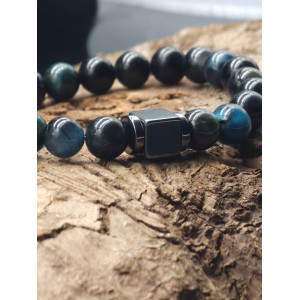 Blue Tiger’s Eye Bracelet for Men – Hematite Center, Stretch Adjustable