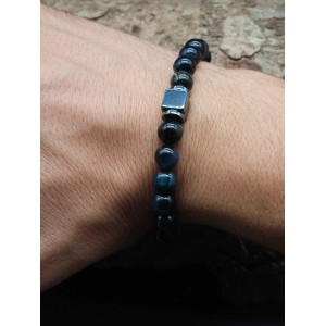Blue Tiger’s Eye Bracelet for Men – Hematite Center, Stretch Adjustable