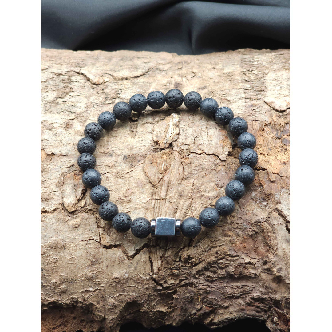 Men’s Lava Stone Bracelet with Hematite Center – Stretch Adjustable Style