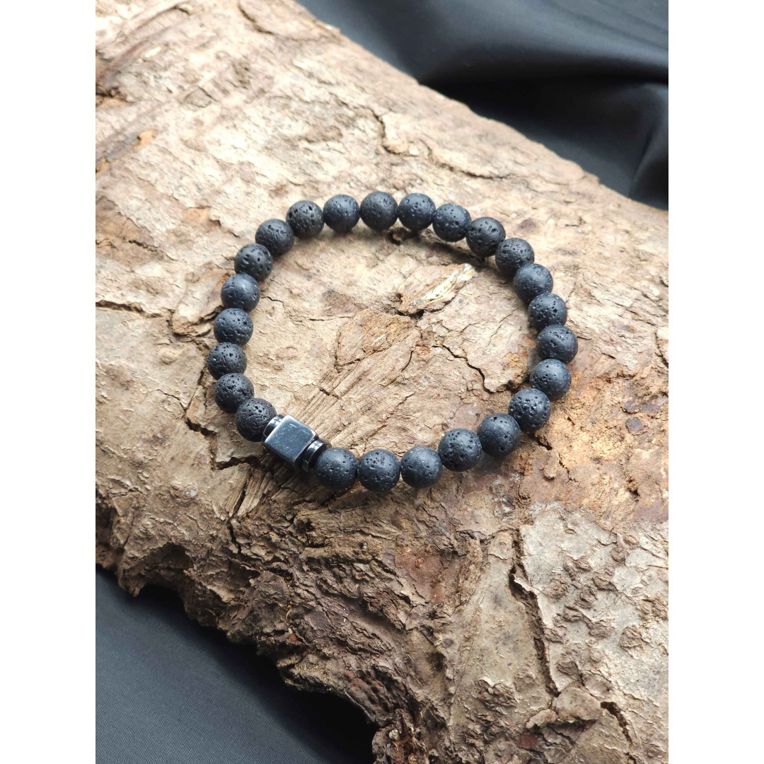 Men’s Lava Stone Bracelet with Hematite Center – Stretch Adjustable Style