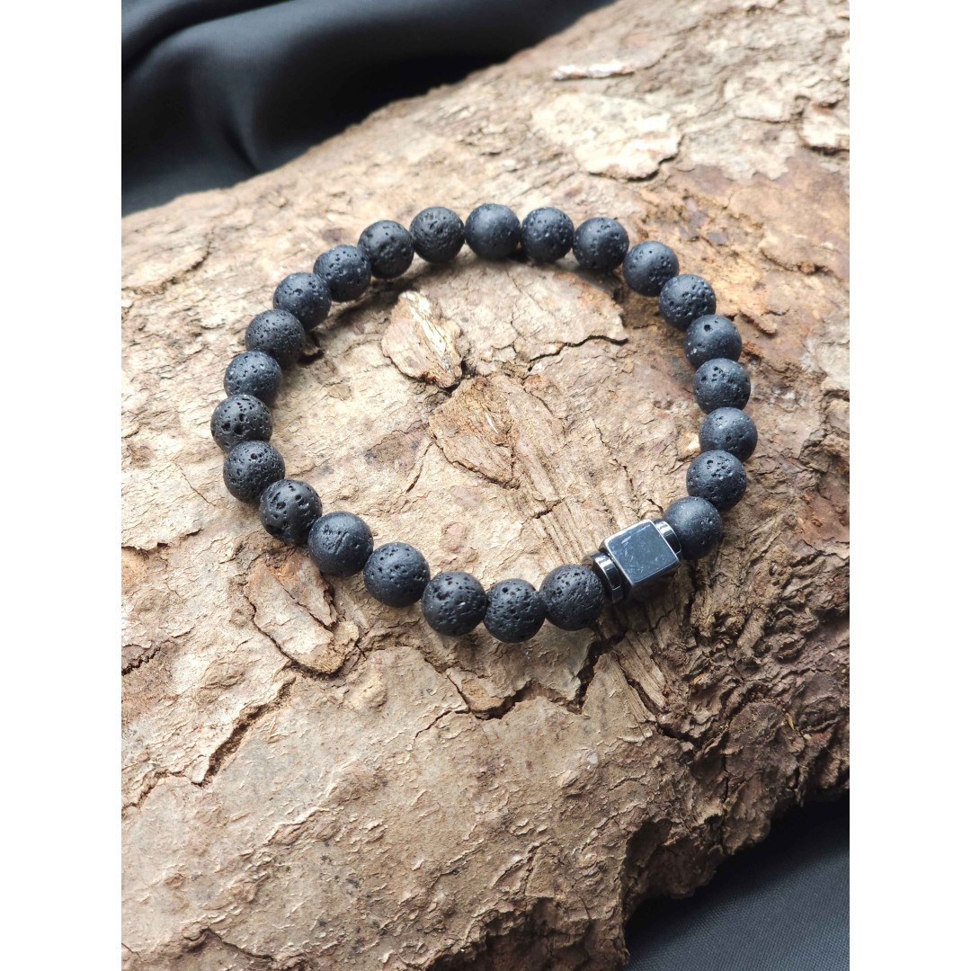 Men’s Lava Stone Bracelet with Hematite Center – Stretch Adjustable Style