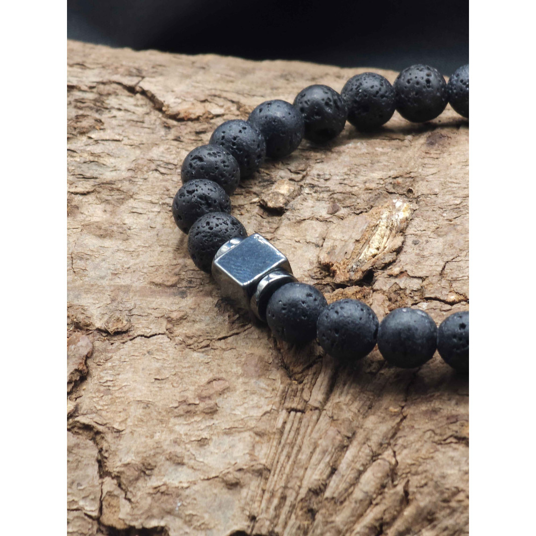 Men’s Lava Stone Bracelet with Hematite Center – Stretch Adjustable Style