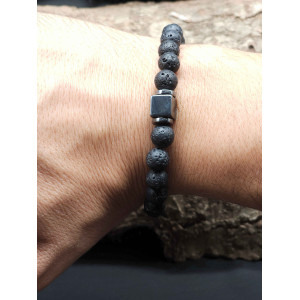 Men’s Lava Stone Bracelet with Hematite Center – Stretch Adjustable Style