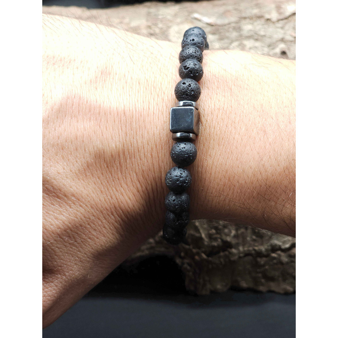 Men’s Lava Stone Bracelet with Hematite Center – Stretch Adjustable Style